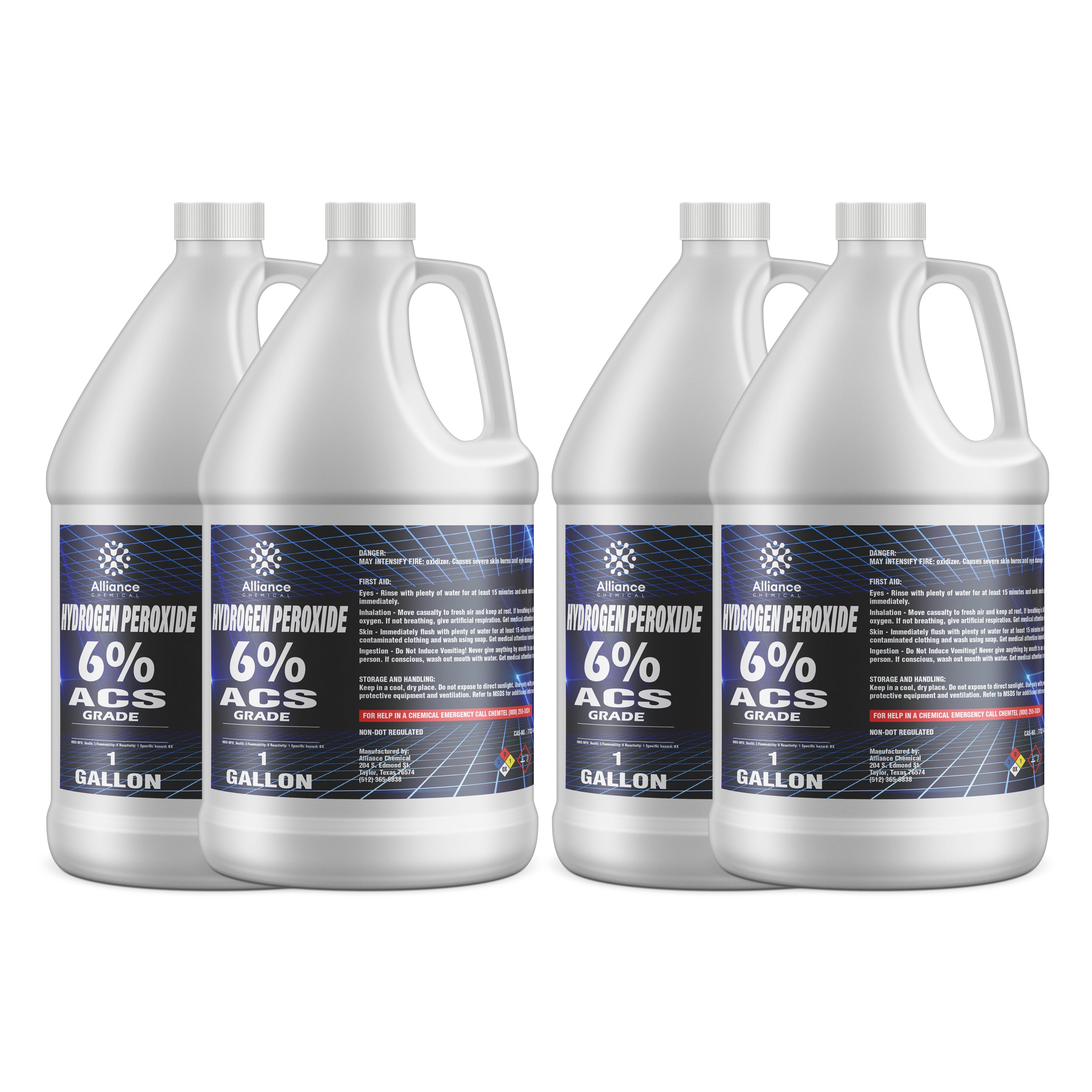 4x1-gallon Alliance Hydrogen Peroxide 6% ACS Grade in white HDPE containers with hazard warnings, blue labeling, and safety-sealed caps.